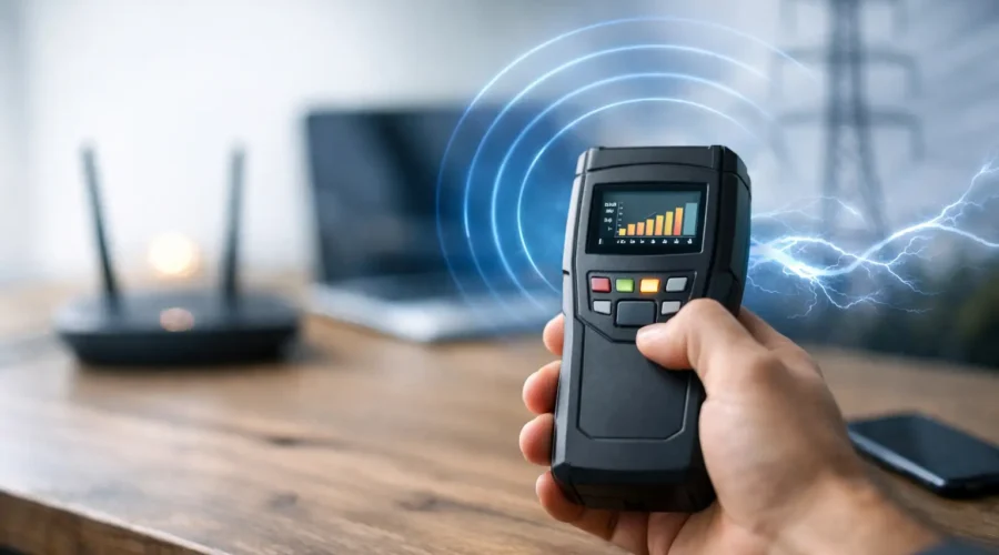 Hand holding an EMF meter close to a wireless router, measuring electromagnetic radiation levels.