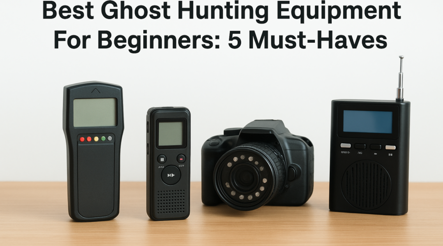 Essential ghost hunting equipment for beginners: EMF detector, camera, spirit box, flashlight, and digital voice recorder