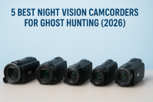 Five night vision camcorders displayed side by side, labeled as the best for ghost hunting in 2026.