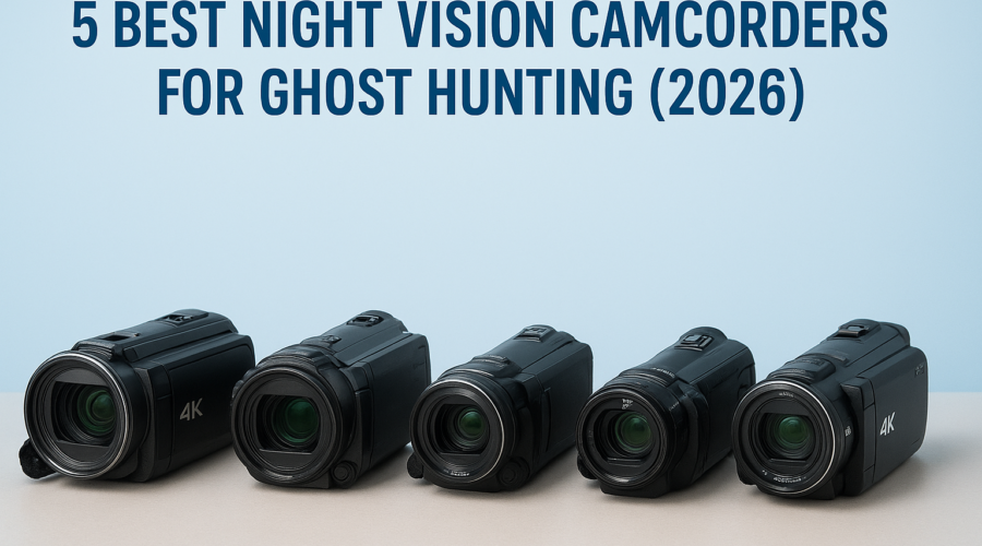 Five night vision camcorders displayed side by side, labeled as the best for ghost hunting in 2026.