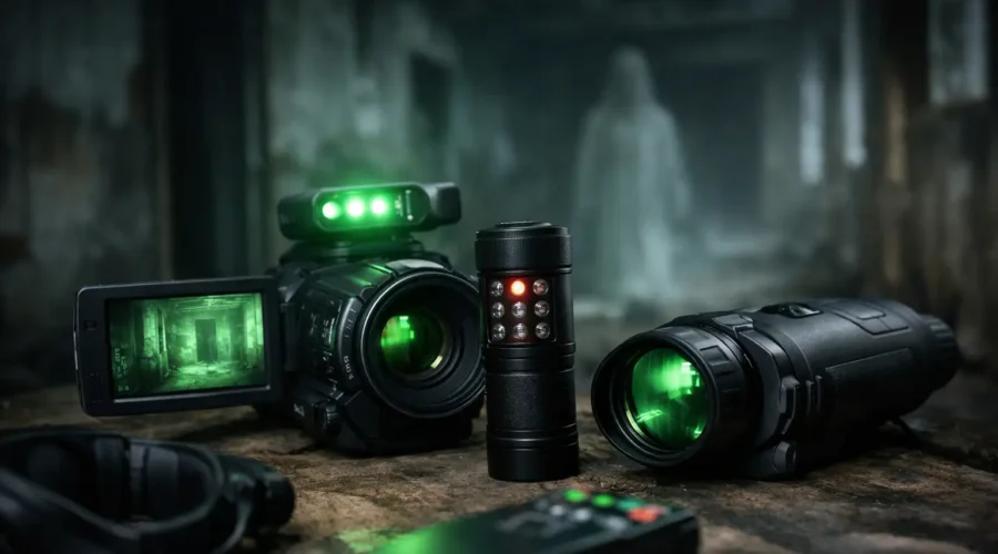 Night vision camera and ghost hunting equipment set up in a dark, eerie room for paranormal investigation