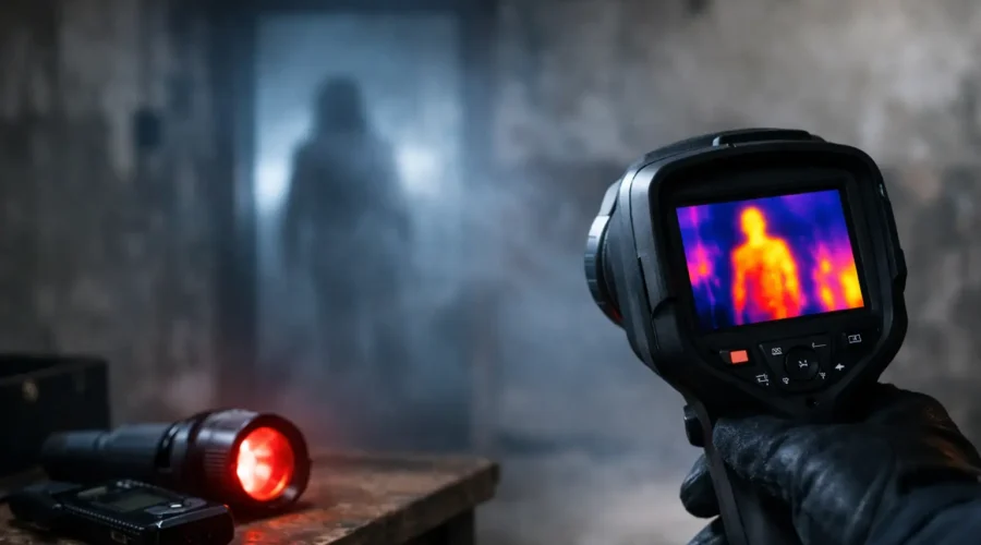 Thermal camera display shows a glowing human figure in a dark, foggy room during paranormal investigation.
