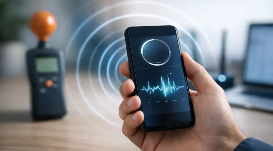 Hand holding smartphone showing sound wave and decibel meter screen, suggesting EMF detection.