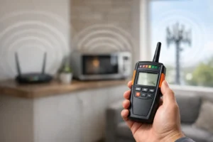 Hand holding an EMF meter in a living room with a Wi-Fi router visible in the background.
