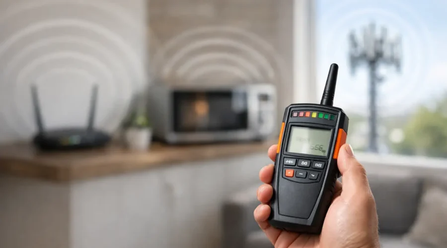 Hand holding an EMF meter in a living room with a Wi-Fi router visible in the background.