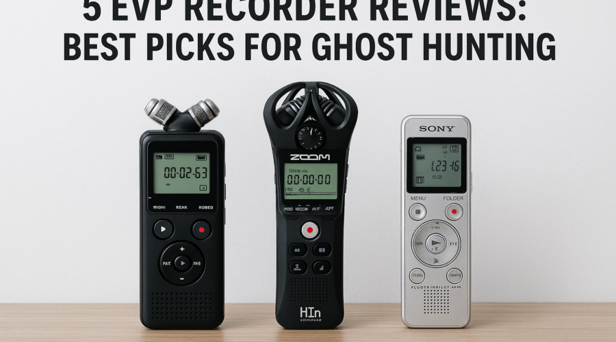 Five popular EVP recorders lined up with ratings, featured as top picks for ghost hunting equipment.