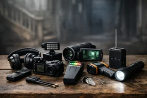 Paranormal investigation equipment like cameras, EMF meters, and audio recorders arranged on a wooden table.