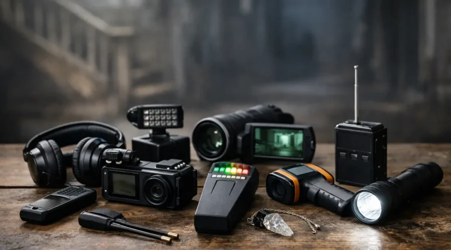 Paranormal investigation equipment like cameras, EMF meters, and audio recorders arranged on a wooden table.