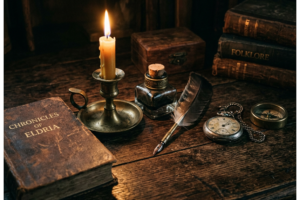 Candle, feather quill, ink bottle, pocket watch, compass, and old books on wooden desk
