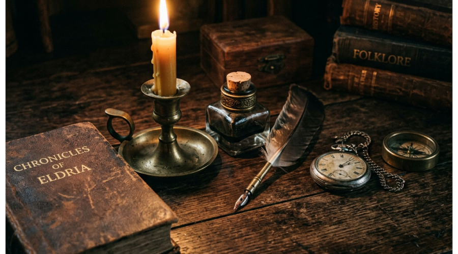 Antique writing desk with candle, quill, ink bottle, pocket watch, compass, and old books
