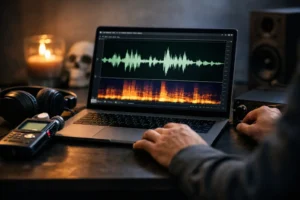 Laptop showing audio editing software with waveform, microphone, and headphones arranged on a desk nearby.