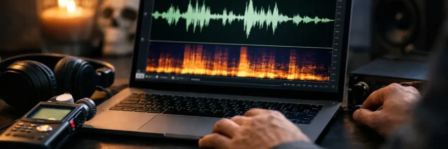 Laptop showing audio editing software with waveform, microphone, and headphones arranged on a desk nearby.