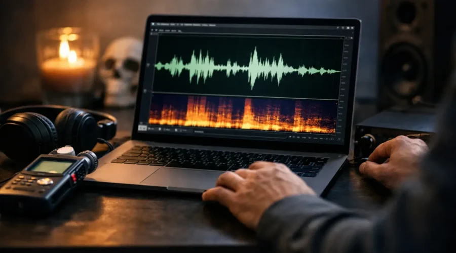 Laptop showing audio editing software with waveform, microphone, and headphones arranged on a desk nearby.
