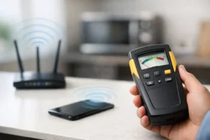Handheld EMF meter measures signals from a WiFi router and smartphone on a desk.