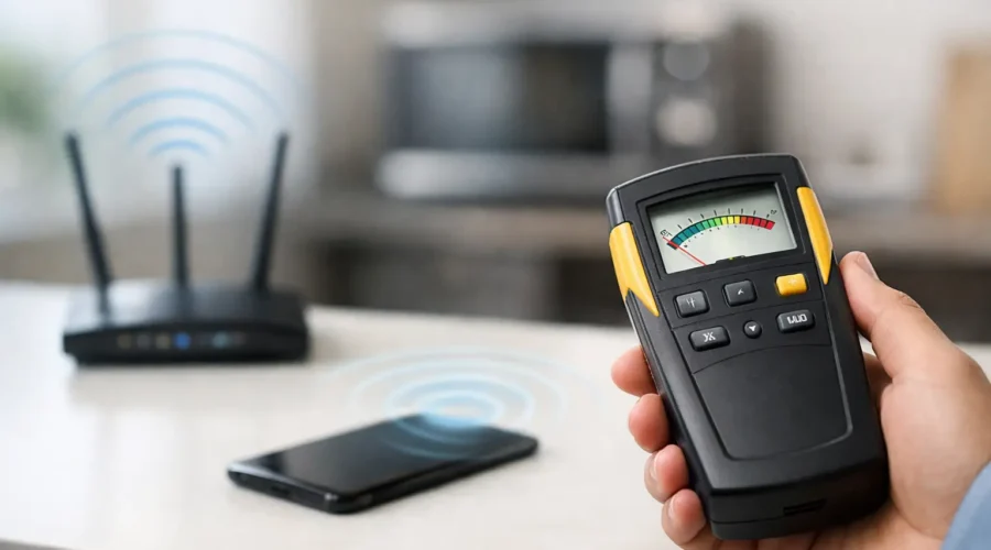 Handheld EMF meter measures signals from a WiFi router and smartphone on a desk.