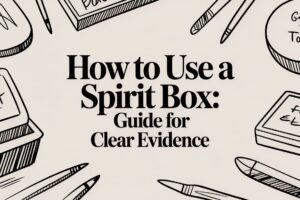 Illustration of a guide titled “How to Use a Spirit Box: Guide for Clear Evidence” with drawing tools around it.