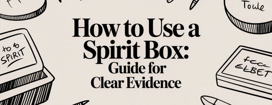 Illustration of a guide titled “How to Use a Spirit Box: Guide for Clear Evidence” with drawing tools around it.