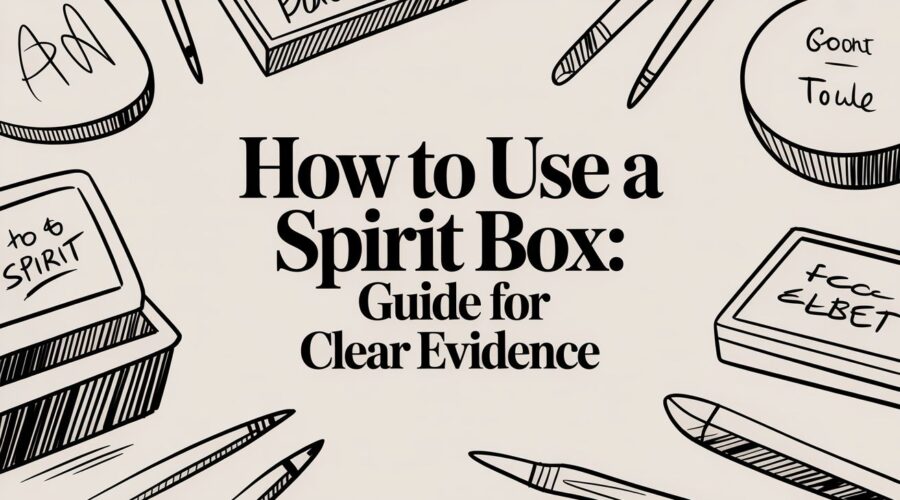 Illustration of a guide titled “How to Use a Spirit Box: Guide for Clear Evidence” with drawing tools around it.