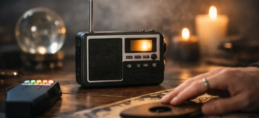 A vintage radio beside a hand moving a Ouija planchette with lit candles in the background.