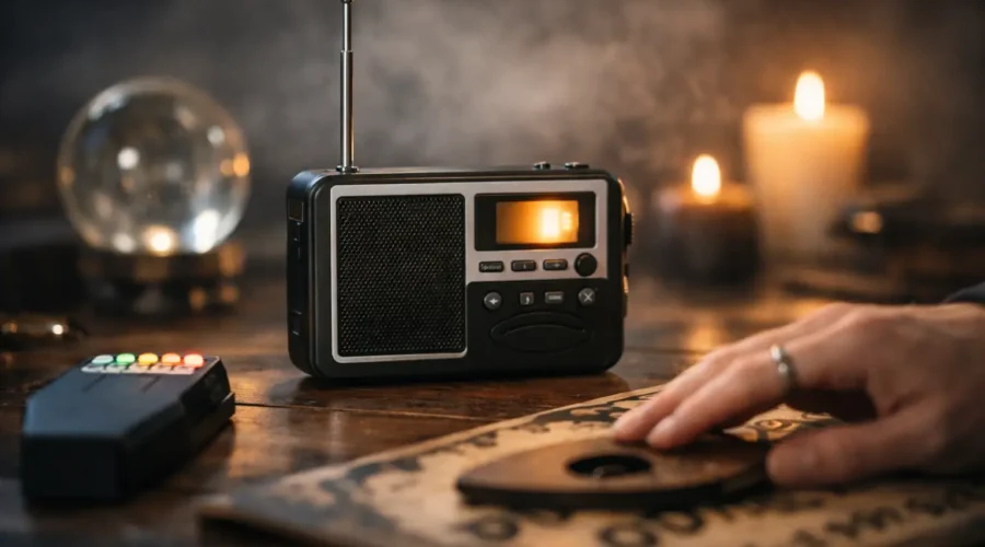 A vintage radio beside a hand moving a Ouija planchette with lit candles in the background.