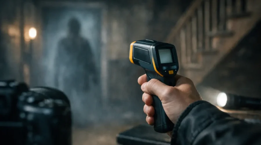 Person uses a thermal imaging camera to detect a ghostly figure in a dark, eerie room.
