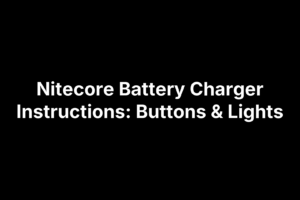 Diagram showing Nitecore battery charger with labeled buttons and indicator lights for user instructions