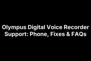 Olympus digital voice recorder with headphones next to support icons and a help guide on screen