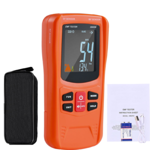 Orange handheld EMF meter with LCD, black storage case and charging accessories