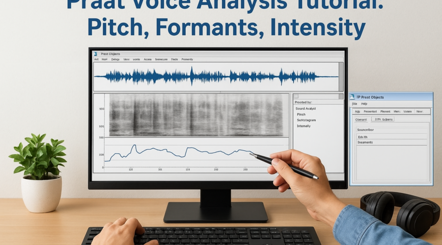 Praat software tutorial on a computer screen displaying pitch, formants, and intensity voice analysis graphs.