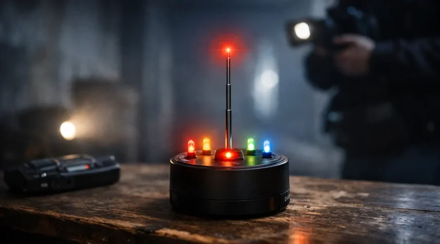 Close-up of a REM pod with colorful LED lights on a wooden table in a dim room