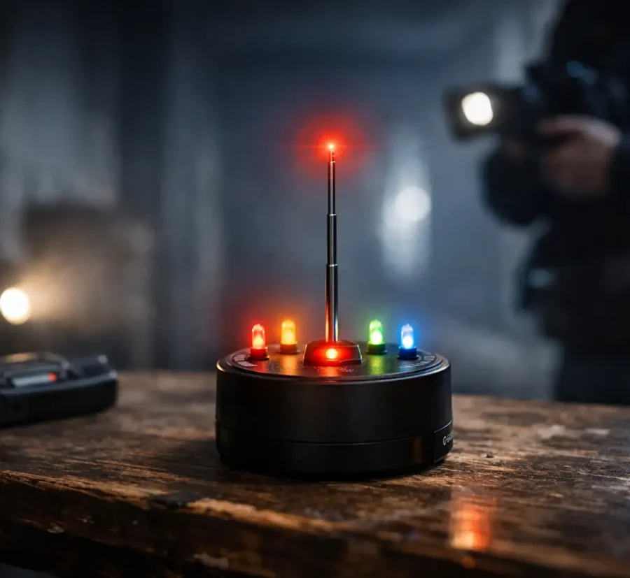 Close-up of a REM pod with colorful LED lights on a wooden table in a dim room