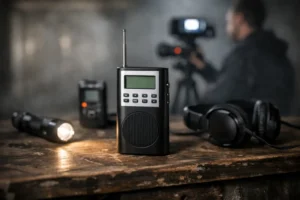 Portable SB7 Spirit Box with flashlight and headphones on wooden table in a video production setting.