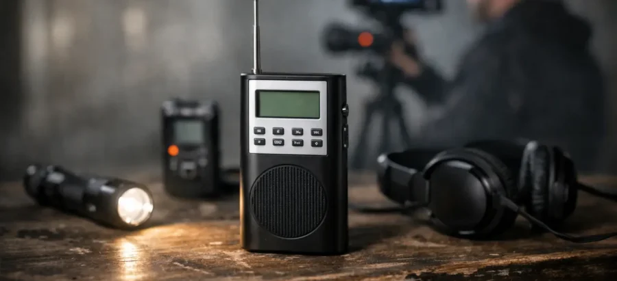 Portable SB7 Spirit Box with flashlight and headphones on wooden table in a video production setting.