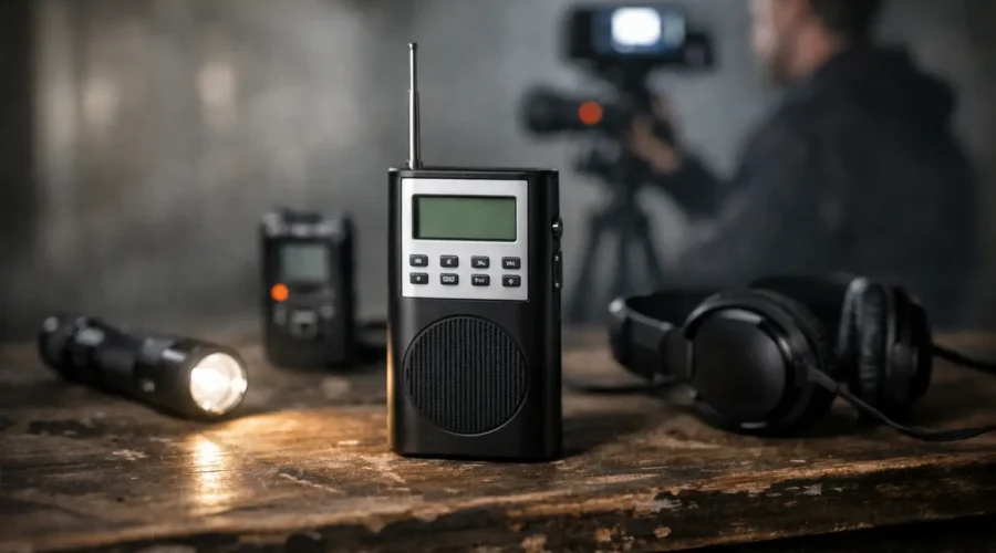 Portable SB7 Spirit Box with flashlight and headphones on wooden table in a video production setting.