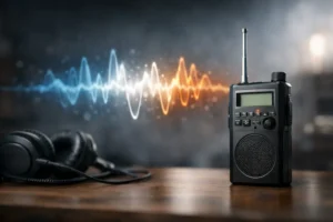Illustration of a portable spirit box radio receiver with headphones and sound waves
