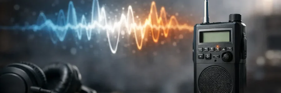 Illustration of a portable spirit box radio receiver with headphones and sound waves
