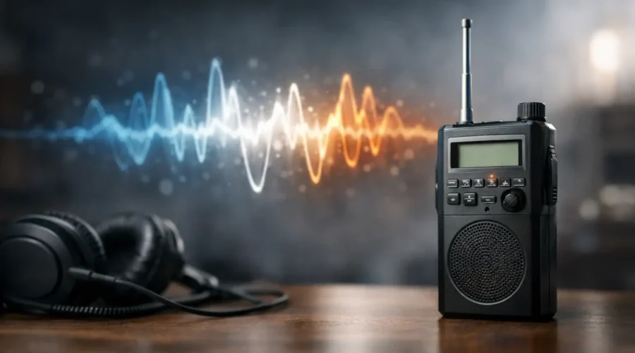 Illustration of a portable spirit box radio receiver with headphones and sound waves
