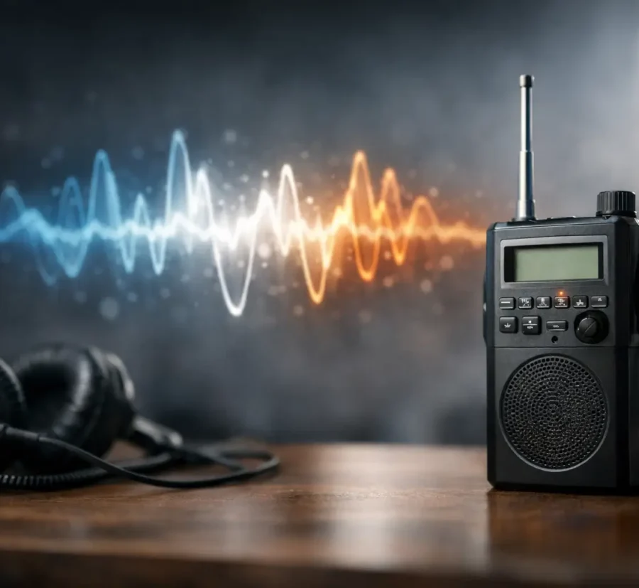 Illustration of a portable spirit box radio receiver with headphones and sound waves