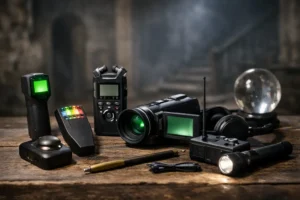 Various ghost hunting equipment, including EMF meter, digital recorder, spirit box, and flashlight, arranged on a wooden table.