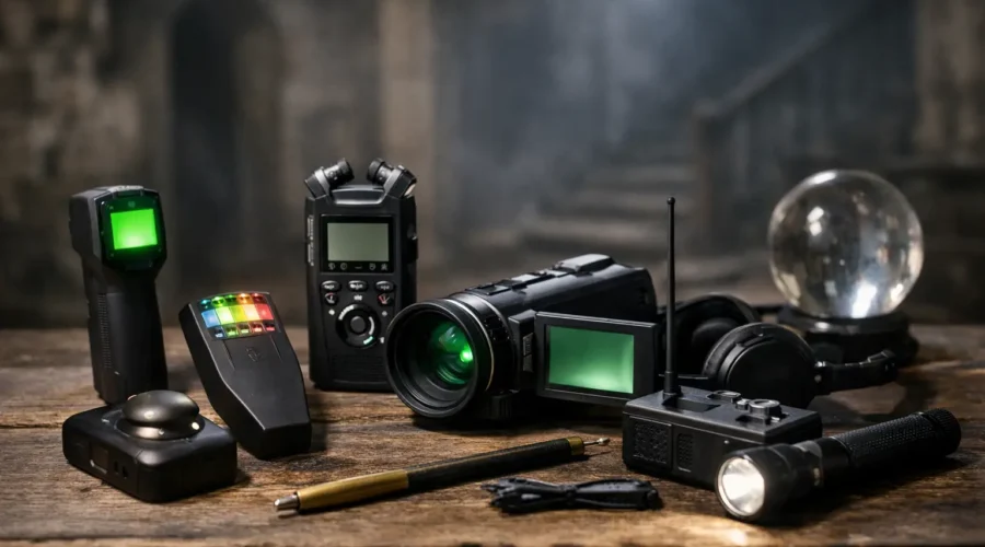 Various ghost hunting equipment, including EMF meter, digital recorder, spirit box, and flashlight, arranged on a wooden table.