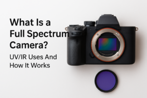 Diagram of a full spectrum camera with UV/IR filter showing how it captures a wider range of light for special photography.