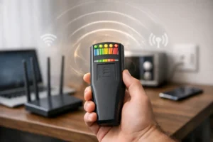 Hand holding an EMF meter near a Wi-Fi router and electronic devices detecting wireless signals