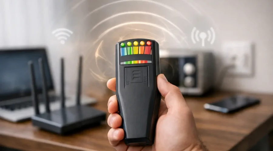 Hand holding an EMF meter near a Wi-Fi router and electronic devices detecting wireless signals