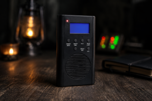 Portable digital radio with blue LCD screen on a wooden table in a dimly lit room.
