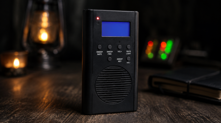 Portable digital radio with blue LCD screen on a wooden table in a dimly lit room.