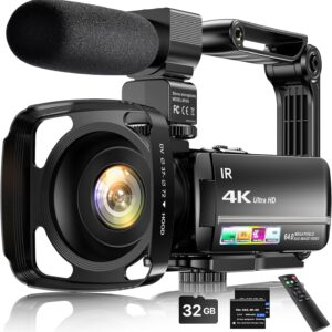 4K vlogging camera with microphone, remote control, and memory cards