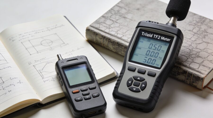 Sound level meters and a notebook on a table for acoustic measurement.