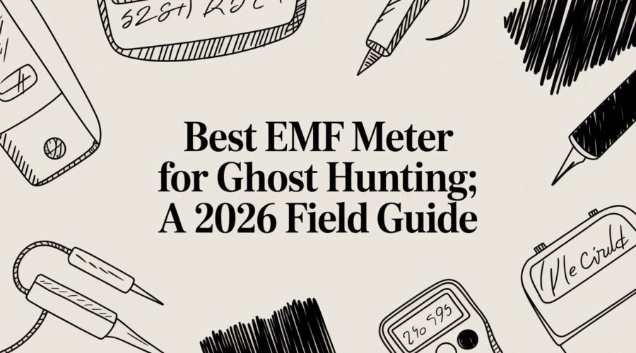 Illustration of a 2026 field guide cover for the best EMF meter for ghost hunting