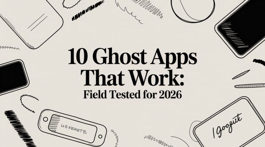 Illustrated tech gadgets background with ghost app icons for a 2026 software roundup