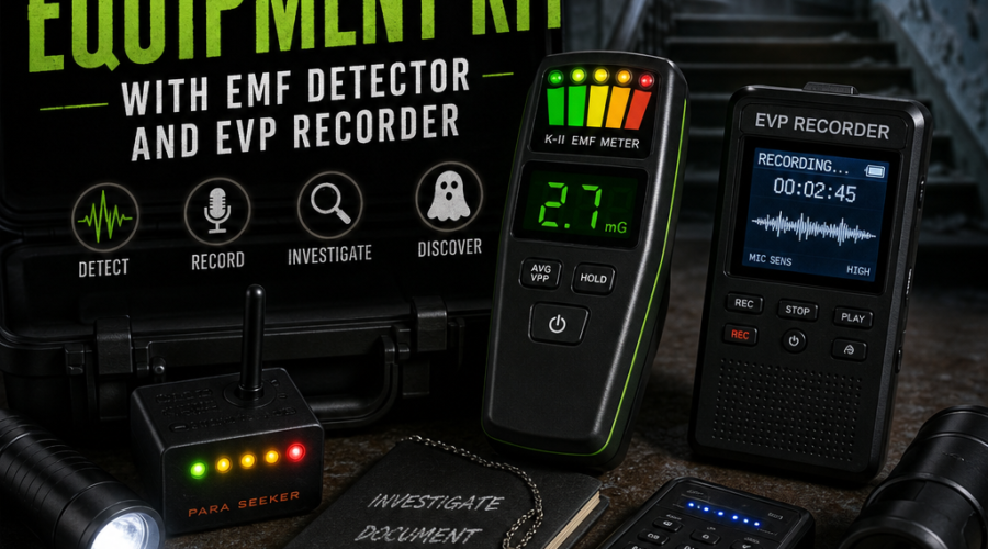 paranormal investigation equipment illustration for Ghost Hunting Equipment Kit with EMF Detector and EVP Recorder